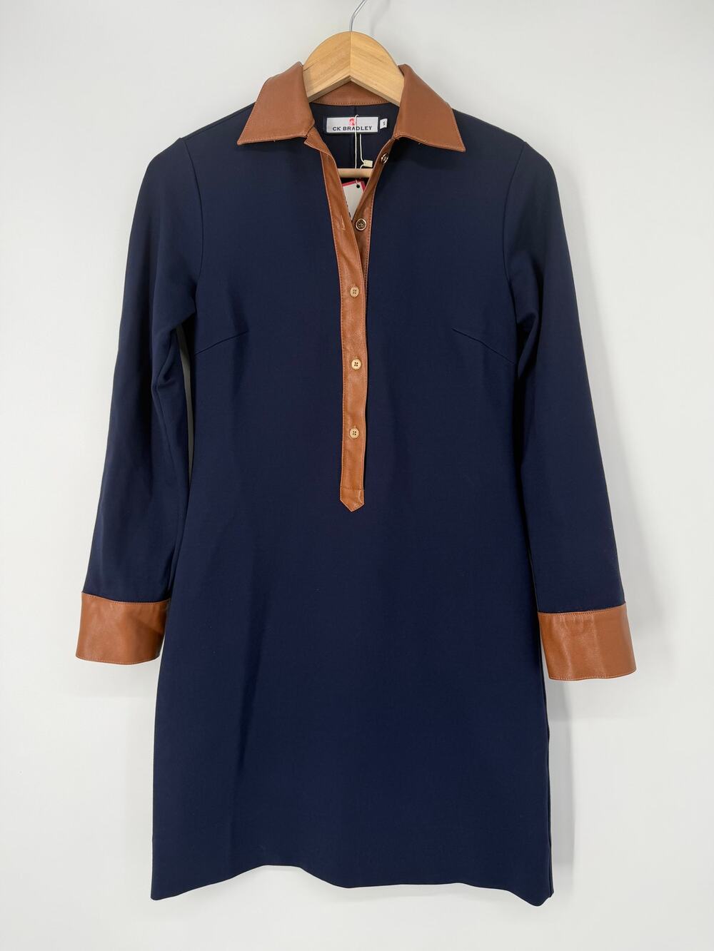 CK Bradley Dixie Shirt Dress Faux Leather Trim Long Sleeve Mini Preppy Blue